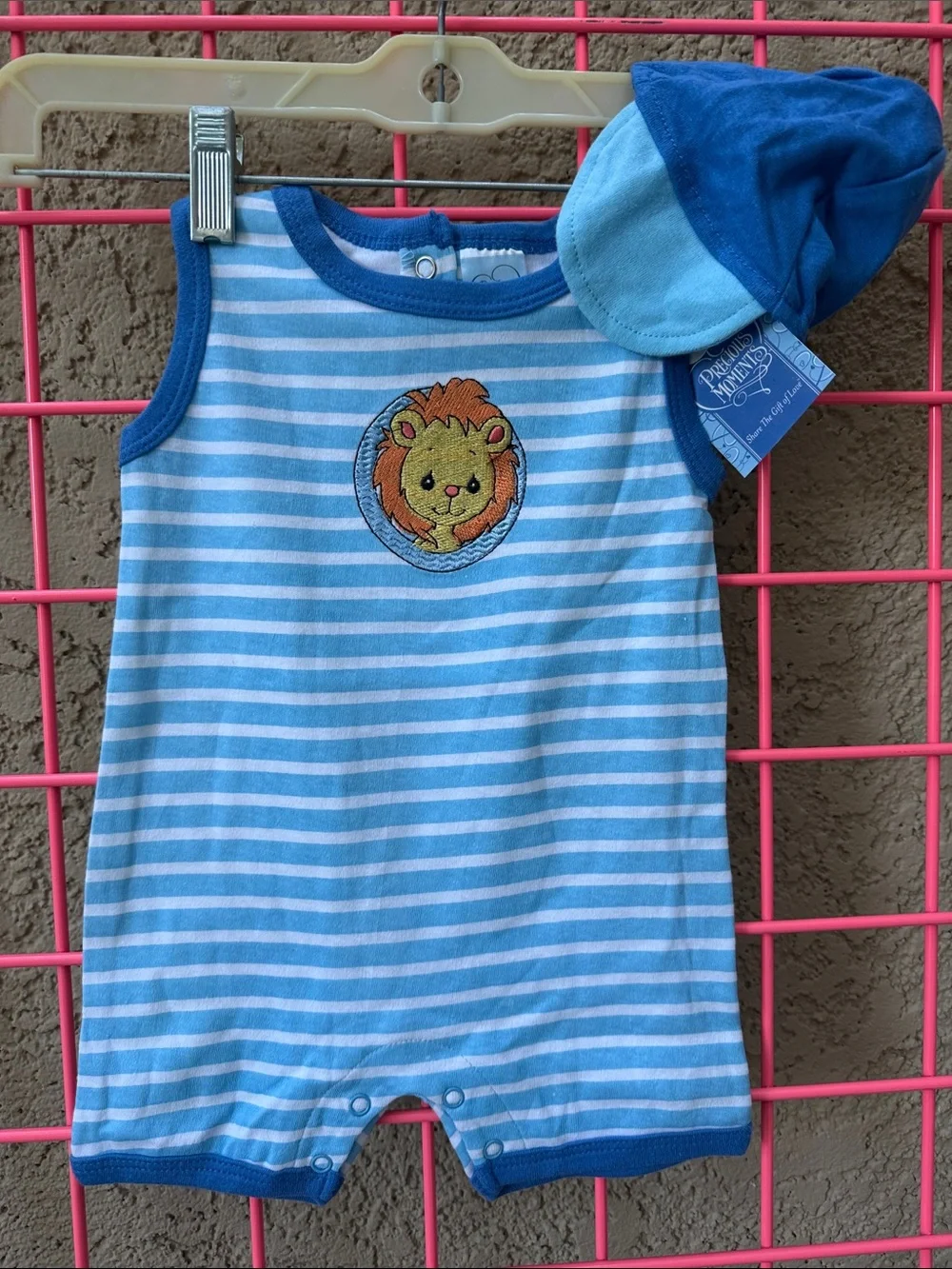 New Vintage Precious Moments Blue /White Striped Baby Outfit with Matching Cap